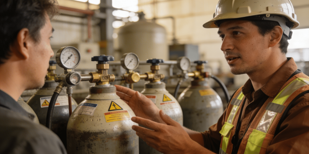 trabajador de oxioriente explica al cliente el uso de los cilindros de gases industriales en barranquilla